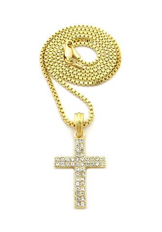 Stone Stud 2 Row Cross Micro Pendant with Chain Necklace