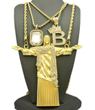 Gemstone, Tilted Crown Initial B, Christ the Redeemer Pendant Set w/ Rope Chains in Gold-Tone