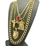 Ruby Red Stone, Praying Angel, King Lion, Jesus Face Pendant w/ Gold Plated Cubic Zirconia Stone Chain
