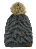C.C Horizontal Knit Faux Fur Pom Back Drawstring Slouch Beanie Hat