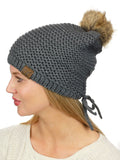 C.C Horizontal Knit Faux Fur Pom Back Drawstring Slouch Beanie Hat