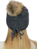 C.C Horizontal Knit Faux Fur Pom Back Drawstring Slouch Beanie Hat