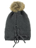C.C Horizontal Knit Faux Fur Pom Back Drawstring Slouch Beanie Hat
