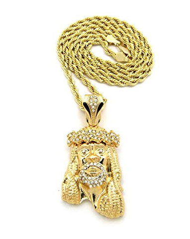 Pave Holy Jesus Pendant 3mm 24" Rope Chain Necklace in Gold-Tone