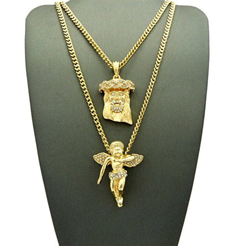 Stone Stud Jesus Face & Floating Angel Pendant Set 3mm Concave Cuban Chains in Gold-Tone