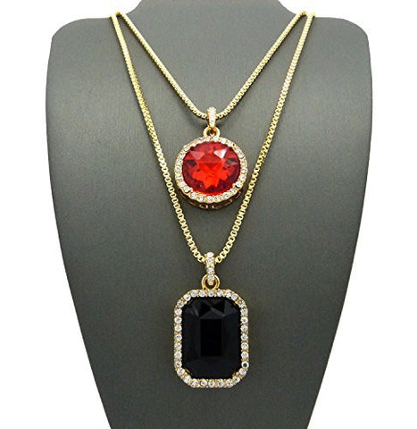 Hip Hop Rappers' Round/Square Gemstone Chain with 2mm 24" 30" Box Chains in Gold-Tone