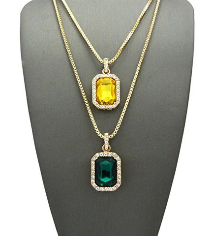 Yellow Stone & Faux Emerald Stone Pendant Set 2mm 24" & 30" Box Chain Necklace in Gold-Tone
