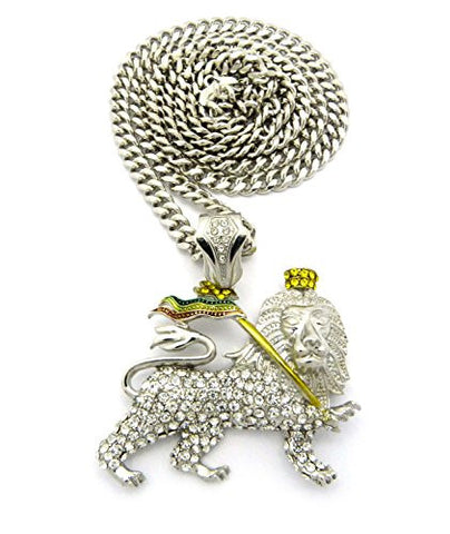Iced Out Rasta Lion Pendant 6mm 36" Miami Cuban Link Chain Necklace in Silver-Tone
