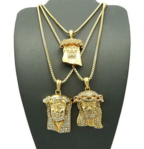 Multi-Style 3 Piece Pave Jesus Pendant 24" 30" Box Chain Necklace Set in Gold-Tone