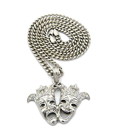 Play Now Cry Later Pave Clown Head Pendant with 5mm 24" Cuban Link Chain Necklace - Silver-Tone
