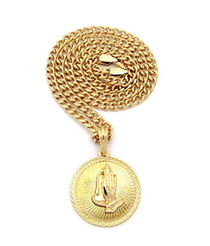 Solid Praying Hands Medallion Pendant w/ 5mm 24" Cuban Chain Necklace in Gold-Tone