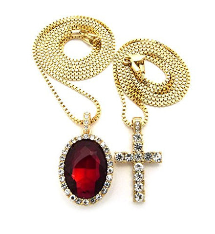 Micro Oval Faux Ruby Stone & Rhinestone Cross Pendant 2mm 24" 30" Box Chain Necklace Set - Gold-Tone
