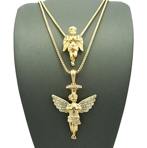 Solid Praying Angel & Rhinestone Halo Angel Pendant Set 2mm 24" & 30" Box Chains in Gold-Tone