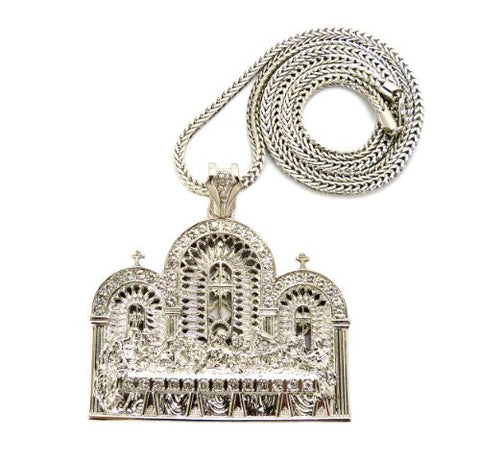 Jesus and 12 Apostle Last Supper Pendant with 4mm 36" Franco Chain - Silver-Tone