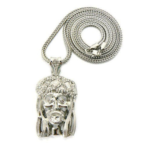 Iced Out Silver Tone Jesus Pendant w/ 30" Franco Chain GAP12R