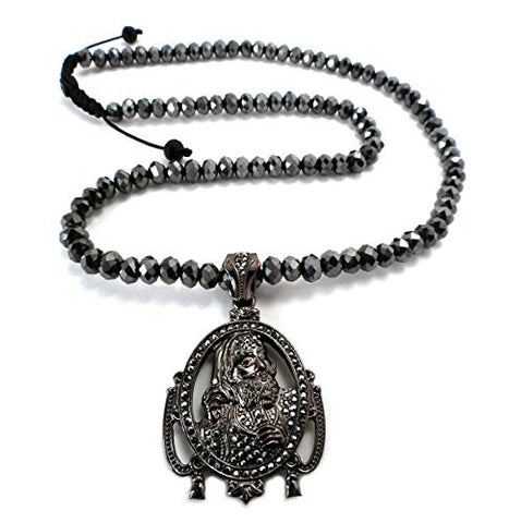 Iced Out Zig Zag Man Micro Pendant 8mm 24" Glass Bead Chain Necklace in Hematite-Tone