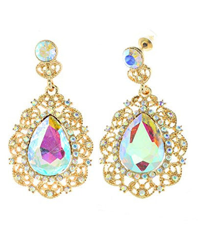 Women's Filigree Aurora Borealis Teardrop Stone Dangling Earrings in Gold-Tone