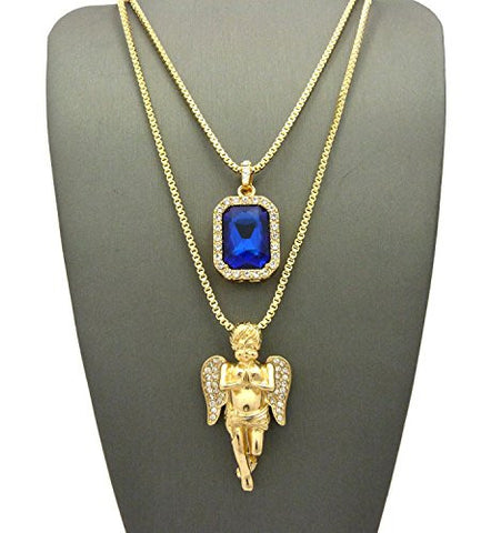 Stone Stud Praying Angel & Faux Sapphire Stone Pendant Set 2mm 24" & 30" Box Chain in Gold-Tone