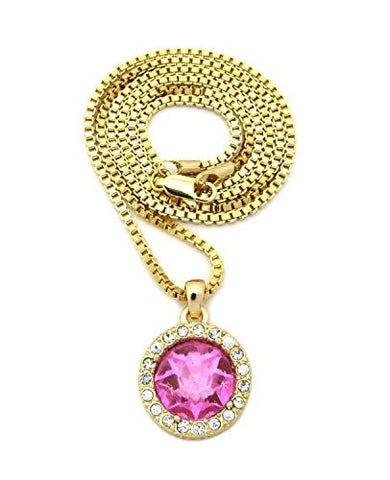 Pave Round Pink Stone Pendant w/ 2mm 24" Box Chain Necklace in Gold-Tone