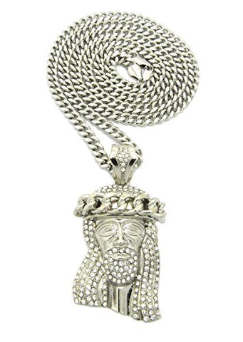 Cuban Crown Stone Stud Jesus Head Pendant 6mm 36" Miami Cuban Chain Necklace in Silver-Tone