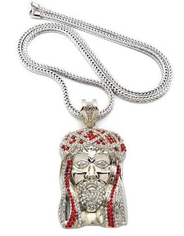 Red/Clear Silver Tone Jesus Pendant w/ 36" Franco Chain MP474R-RDCR