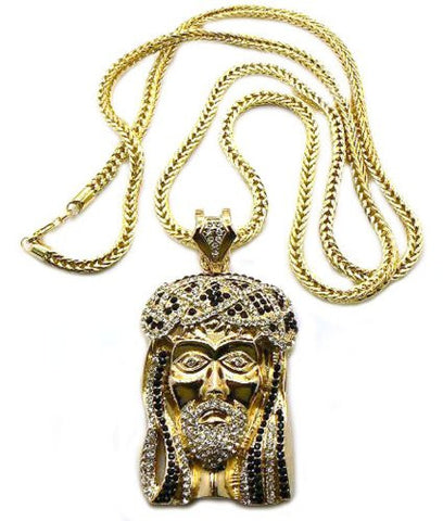 Black/Clear Gold Tone Jesus Pendant w/ 36" Franco Chain MP474-1RH