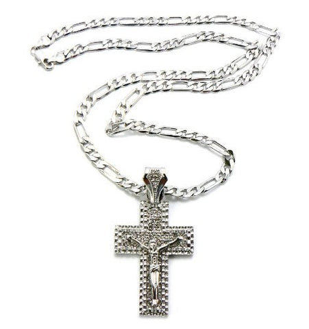 Iced Out Silver Tone Jesus Cross Pendant 24" Figaro Chain Necklace