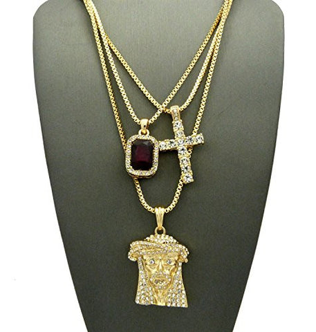 Stud Single Row Cross, Faux Ruby Stone, Jesus Face Pendant Set 24" & 30" Box Chains in Gold-Tone