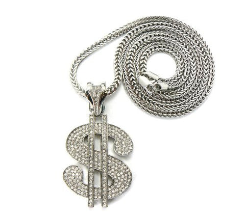Iced Out Dollar $ Sign Pendant with 36" Franco Chain Necklace - Silver-Tone MP431R