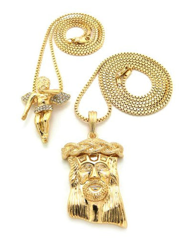 Gold Tone Cherub Angel Jesus Multi Size Micro Pendant Set G w/ 30" Box Chain