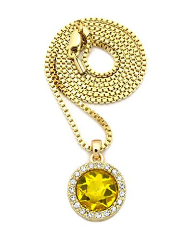 Pave Round Yellow Stone Pendant w/ 2mm 24" Box Chain Necklace in Gold-Tone