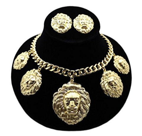 5 Piece Lion Head Charm Pendant 16" Necklace with Earrings