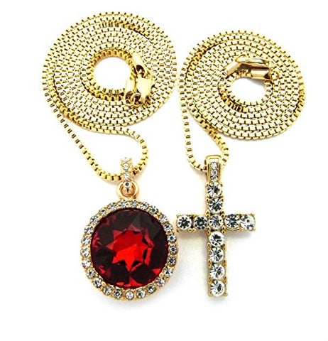 Micro Round Faux Ruby Stone & Rhinestone Cross 2mm 24" 30" Box Chain Necklace Set - Gold-Tone