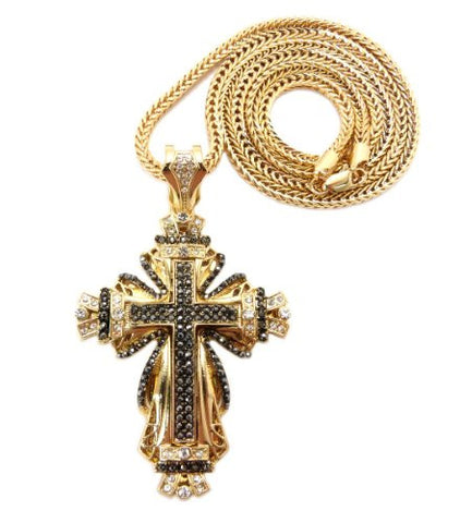 Gold/Hematite Tone Medieval Style Cross Pendant w/ 36" Franco Chain