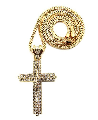 Iced Out Layered Gold Tone Cross Pendant w/ 4mm 36" Franco Chain