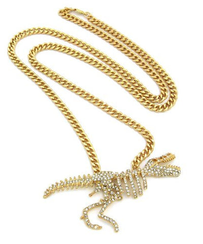 Iced Out Tyrannosaurus Dinosaur Skeleton Pendant 6mm 36" Link Chain Necklace in Gold-Tone