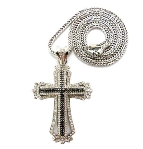 Silver/Hematite Tone Paved Medieval Style Cross Pendant w/ 36" Franco Chain