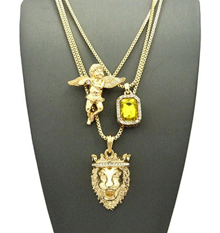 Yellow Stone, Solitaire Angel & King Lion Pendant Set w/ Multi Length Box Chains in Gold-Tone