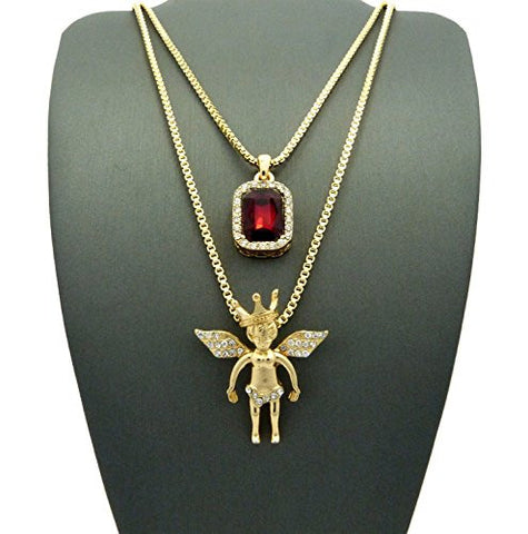 Faux Ruby Stone & Pave Crown Angel Pendant Set 2mm 24" & 30" Box Chain Necklace in Gold-Tone