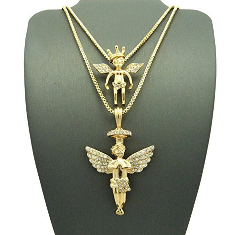 Pave Crown Angel & Rhinestone Halo Angel Pendant Set 2mm 24" & 30" Box Chains in Gold-Tone