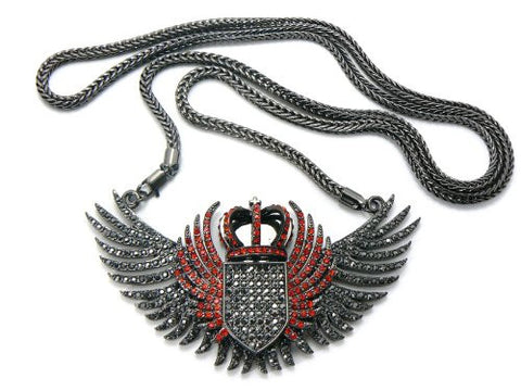 Iced Out Crown Wing Pendant Hematite/Red Tone w/ 36" Franco Chain MHP9HERD