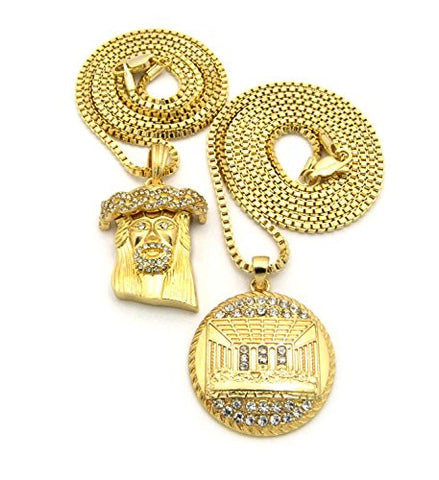 Pave Jesus and The Last Supper Medal Micro Pendant Set with 24" 30" Box Chains - Gold-Tone
