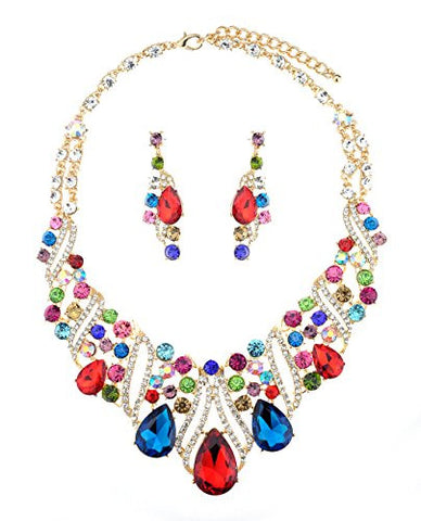 Elegant Teardrop Accent Multicolor Stone Necklace and Earrings Jewelry Set in Gold-Tone