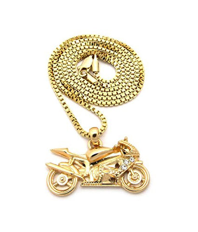 Stone Stud Motorbike Pendant 2mm 24" Box Chain Necklace in Gold-Tone