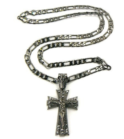 Hematite Tone Jesus Cross Pendant 24" Figaro Chain Necklace MSP264HE