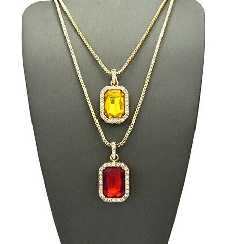 Yellow Stone & Faux Ruby Stone Pendant Set 2mm 24" & 30" Box Chain Necklace in Gold-Tone