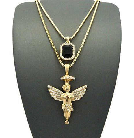 Faux Onyx Stone & Pave Halo Angel Pendant Set 2mm 24" & 30" Box Chain Necklace in Gold-Tone