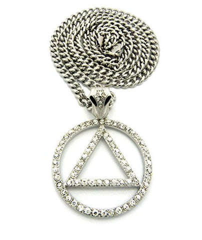 Pave Triangle in Circle Rapper Pendant 6mm 36" Cuban Link Chain Necklace in Silver-Tone