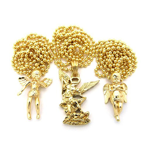 Plain Fairy, Pray Cherub and Archangel Micro Pendant Necklace Set with 24" Ball Chains - Gold-Tone