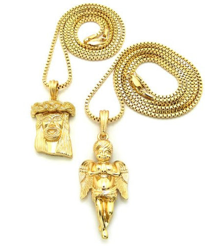 Gold Tone Cherub Angel Jesus Multi Size Micro Pendant Set O w/ 30" Box Chain